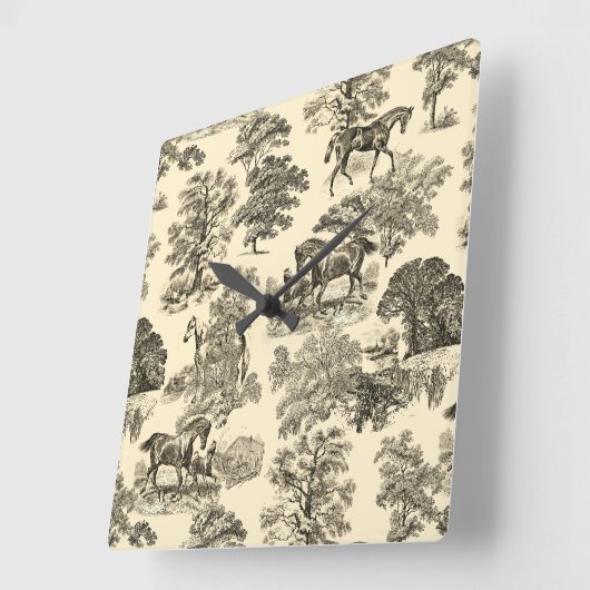 Horloge Carrée Élégant Cheval Rustique Arbres Beige Tan Toile (Angle)