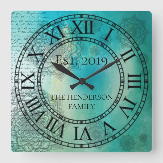 Horloge Carrée Elegant Custom Teal Blue Mandela (Recto)