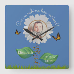 Horloge Carrée Elégant Daisy Blue Floral Cute Baby Photo & Nom