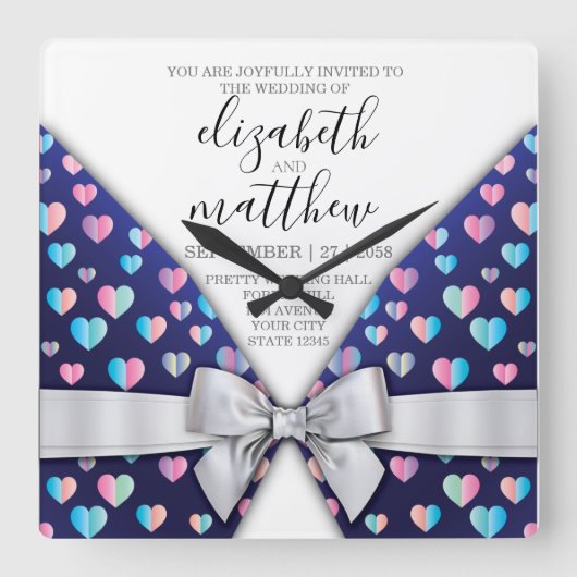 Horloge Carrée Elégant design moderne Bow and Heart Speckles (Recto)