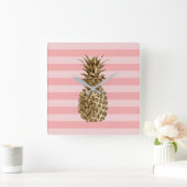 Horloge Carrée élégant joli ceinture en or ananas & bande rose (Maison)