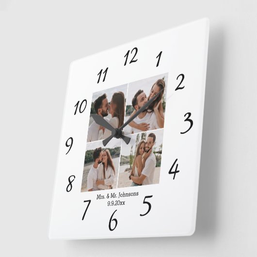 Horloge Carrée élégant minimal mrs & mr 4 photos collage mariage (Angle)
