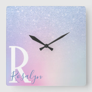 Horloge Carrée Elégant moderne design ombre bleu parties scintill