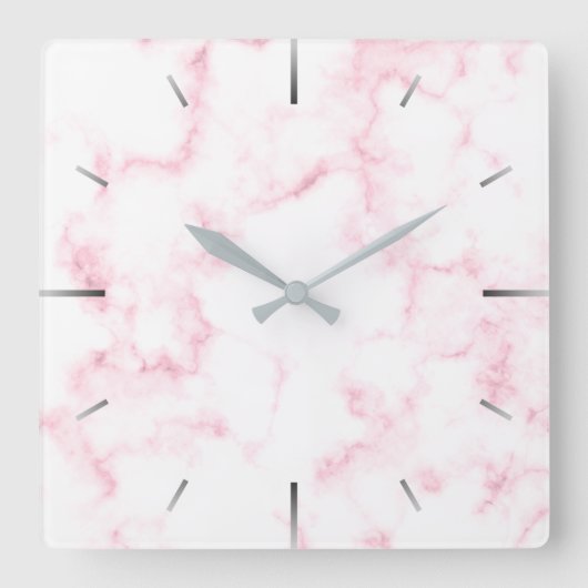 Horloge Carrée élégant moderne pastel rose et blanc faux marbre (Recto)