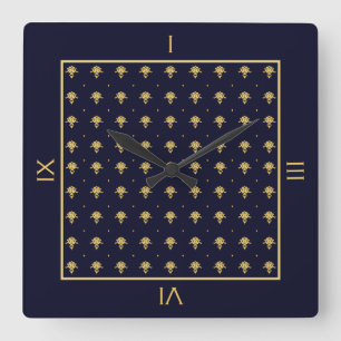 Horloge Carrée Elegant Navy Blue et Gold Damask