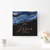 Horloge Carrée Elegant Navy Blue Gold Marble Agate Nom (Maison)