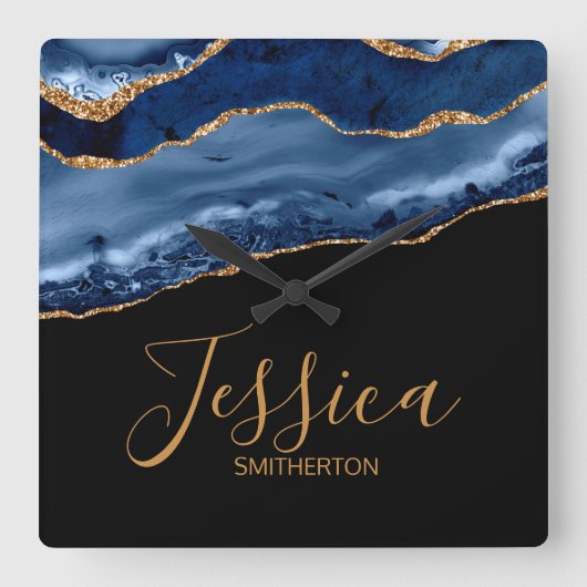 Horloge Carrée Elegant Navy Blue Gold Marble Agate Nom (Recto)