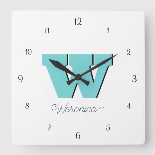 Horloge Carrée Elégant noir chiffres et Pastel Turquoise monogram (Recto)