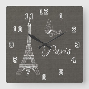 Horloge Carrée Elégant Paris Tour Eiffel Papillon gris foncé