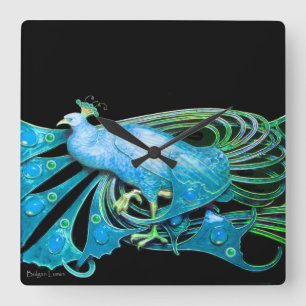 HORLOGE CARRÉE ELEGANT PEACOCK IN AQUA BLUE , TEAL AND BLACK