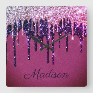 Horloge Carrée Elegant Purple Pink Dripping Glitter Monogram   