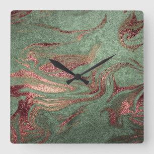 Horloge Carrée Elégant rose en cuivre moderne or marbre vert
