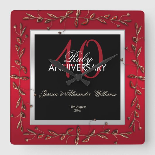 Horloge Carrée Elégant Ruby Gemstones 40e anniversaire de Mariage (Recto)