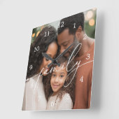 Horloge Carrée Elegant Script Overlay Family Photo (Angle)