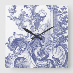 Horloge Carrée Elégant Toile Baroque Bleue Française