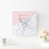 Horloge Carrée élégant triangle or rose marbre blanc rose (Maison)