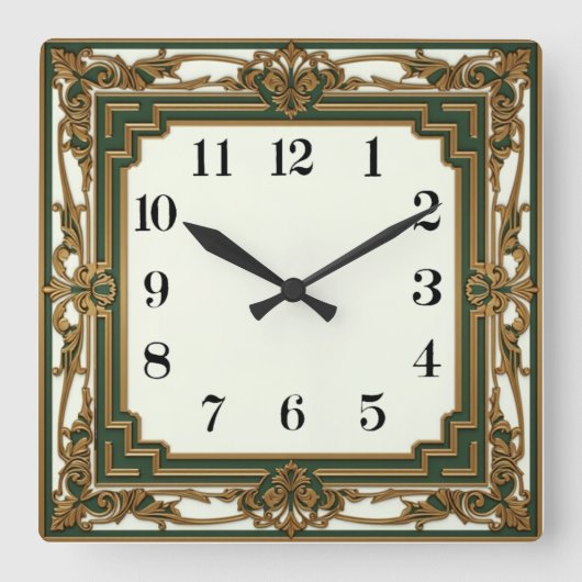 Horloge Carrée Élégant Vert Art Déco (Recto)