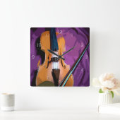 Horloge Carrée Elegant Violin on Purple Silk, Square Clock (Maison)