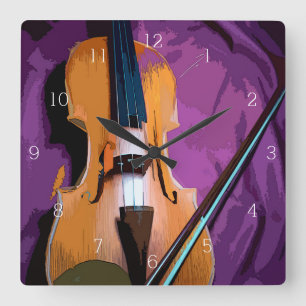 Horloge Carrée Elegant Violin on Purple Silk, Square Clock