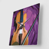 Horloge Carrée Elegant Violin on Purple Silk, Square Clock (Angle)