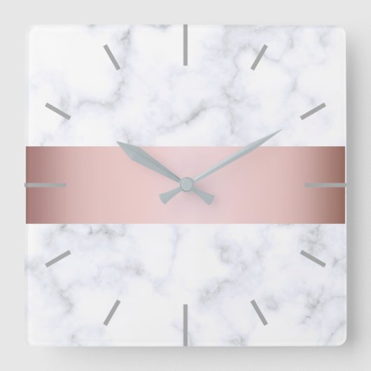 Horloge Carrée élégante bande rose en marbre blanc (Recto)
