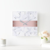 Horloge Carrée élégante bande rose en marbre blanc (Maison)