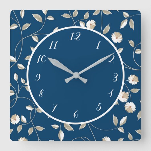 Horloge Carrée Elégante Bleu Blancs Fleurs Féminines Floral (Recto)