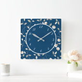Horloge Carrée Elégante Bleu Blancs Fleurs Féminines Floral (Maison)