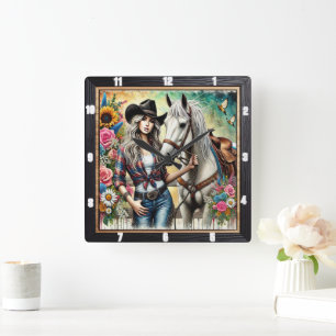 Horloge Carrée Élégante Cowgirl Poster Avec Beau Cheval Blanc