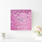 Horloge Carrée Élégante Goutte de Paillettes Rose Chaud (Maison)