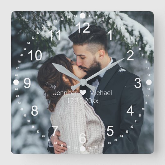 Horloge Carrée élégante photo de mariage blanc classiques (Recto)
