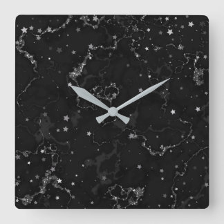 Horloge Carrée Élégantes étoiles en marbre noir argenté