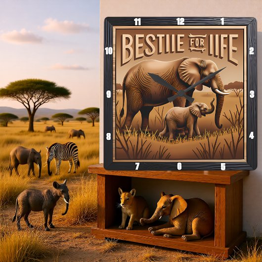 Horloge Carrée Élément gravé éléphant mère bébé herbe haute