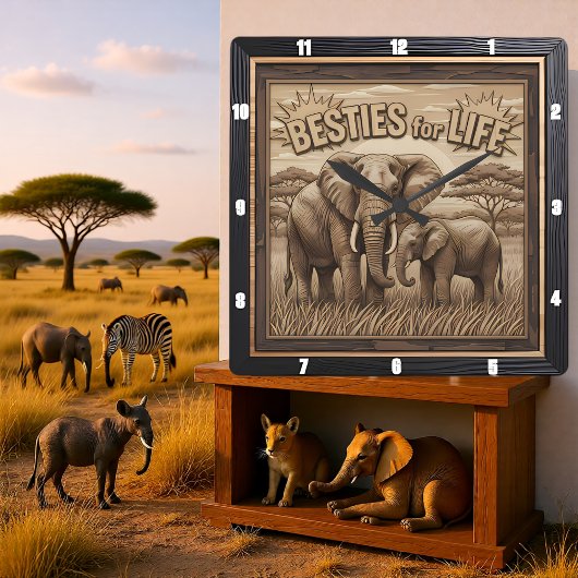 Horloge Carrée Élément gravé Éléphant Mère Bébé Savannah