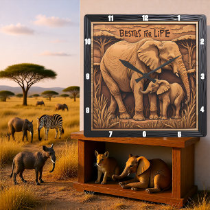 Horloge Carrée Élément gravé Mère bébé éléphant