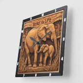 Horloge Carrée Élément gravé Mère bébé éléphant (Angle)