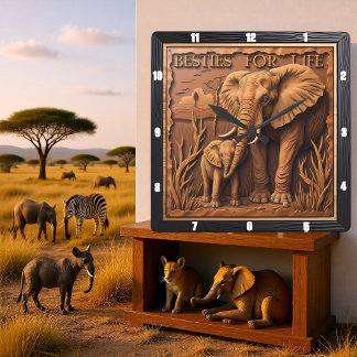 Horloge Carrée Élément Gravé Mère Éléphant Bébé Dans La Poussière