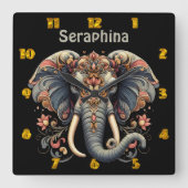 Horloge Carrée Eléphant aux motifs floraux complexes (Recto)