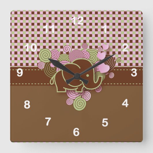 Horloge Carrée Eléphant avec Arrière - plan rose et Brown (Recto)