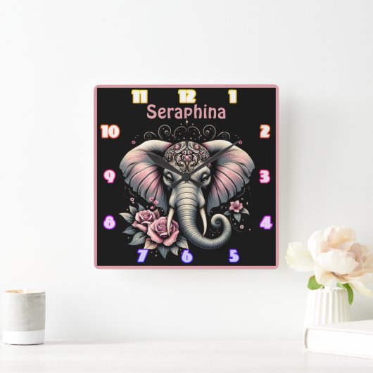 Horloge Carrée Elephant avec élégante illustration rose (Maison)