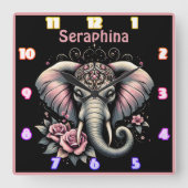 Horloge Carrée Elephant avec élégante illustration rose (Recto)