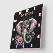 Horloge Carrée Elephant avec élégante illustration rose (Angle)