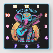 Horloge Carrée Eléphant avec guitare au coucher du soleil (Recto)
