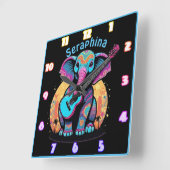 Horloge Carrée Eléphant avec guitare au coucher du soleil (Angle)