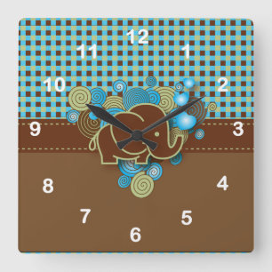 Horloge Carrée Eléphant Bébé bleu, vert et Brown