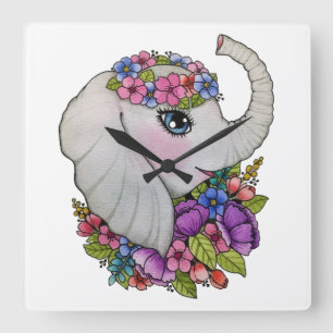 Horloge Carrée Éléphant d'aquarelle avec les fleurs sauvages