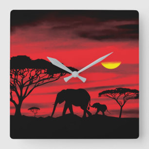 Horloge Carrée Elephant et bébé dans le Serengeti