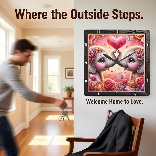 Horloge Carrée Elephant Love Heart Pink