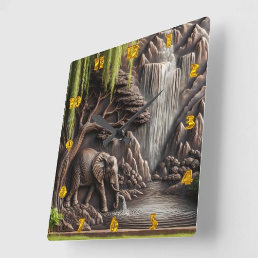 Horloge Carrée Eléphant majestueux par Cascade paisible (Angle)