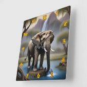 Horloge Carrée Eléphant majestueux par Cascade paisible à Dusk (Angle)